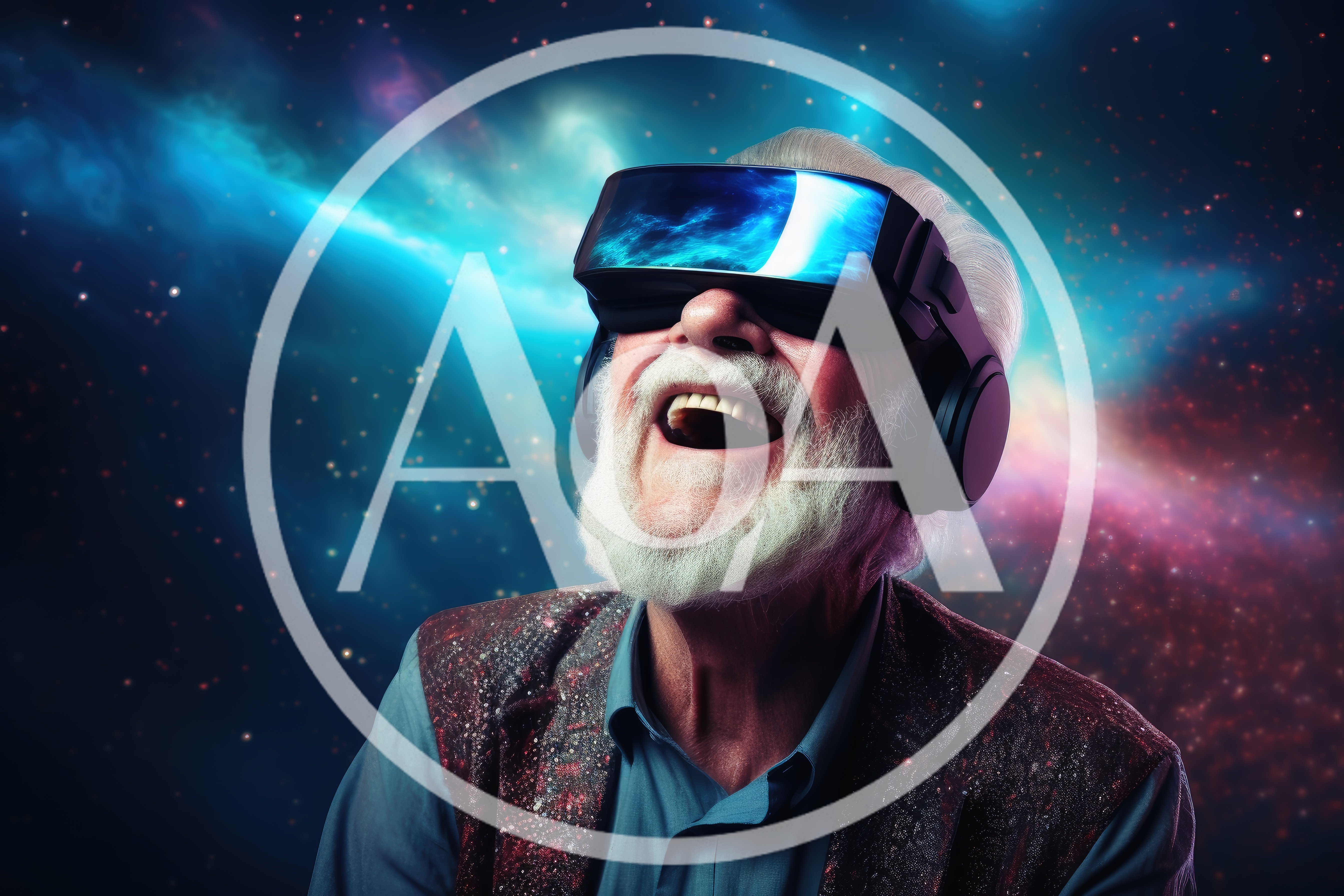 Elderly Man Experiencing Virtual Reality In Space