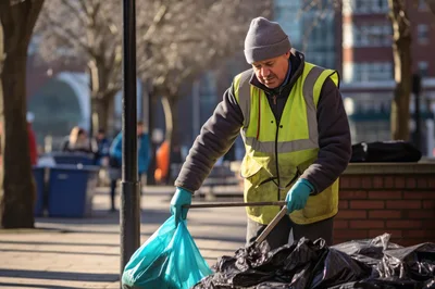 Sanitation Worker Collecting Trash In A Public Park