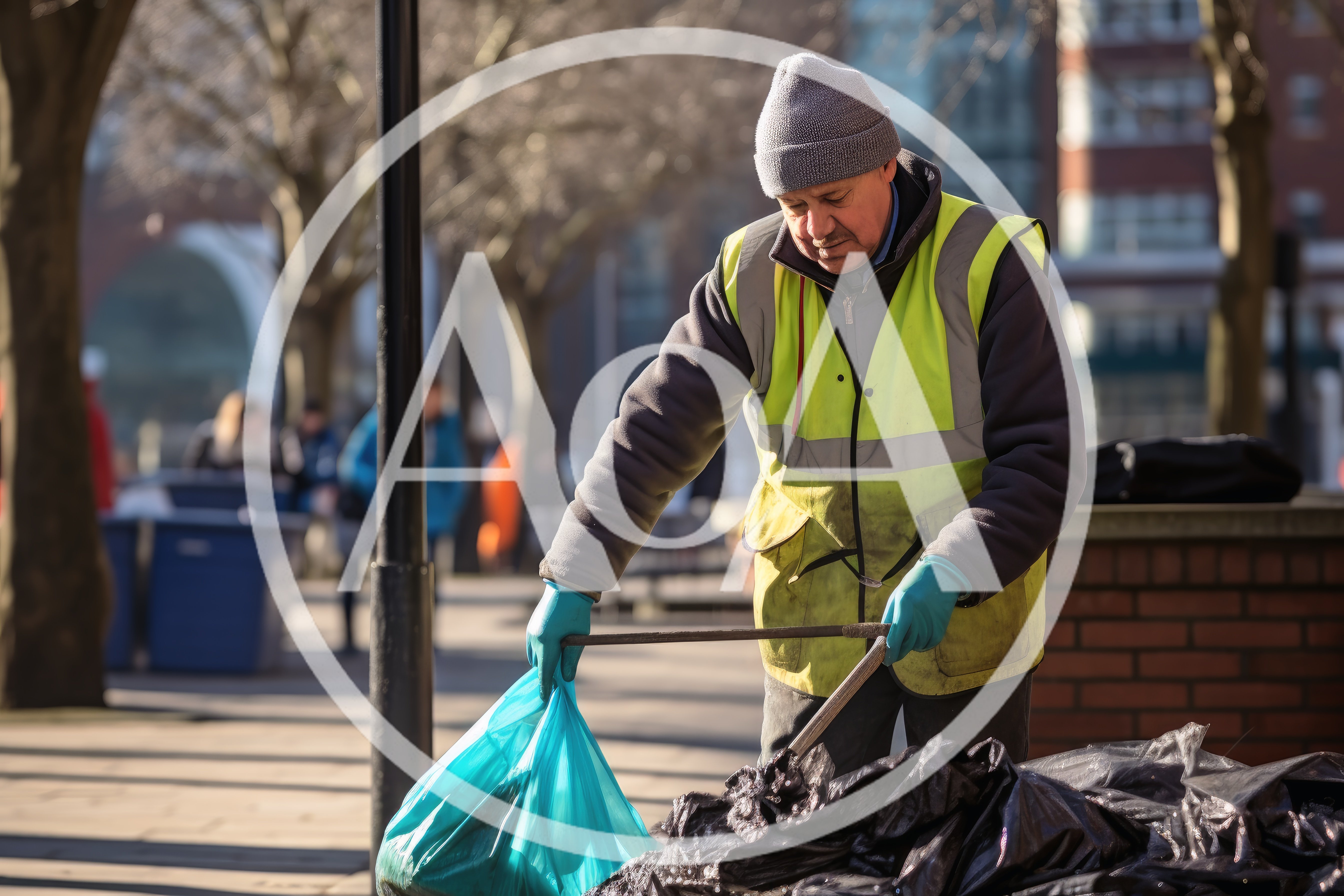 Sanitation Worker Collecting Trash In A Public Park