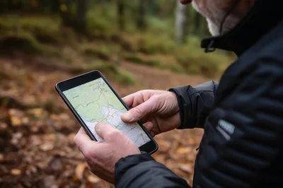 Hiker Using Digital Map On Smartphone In Forest