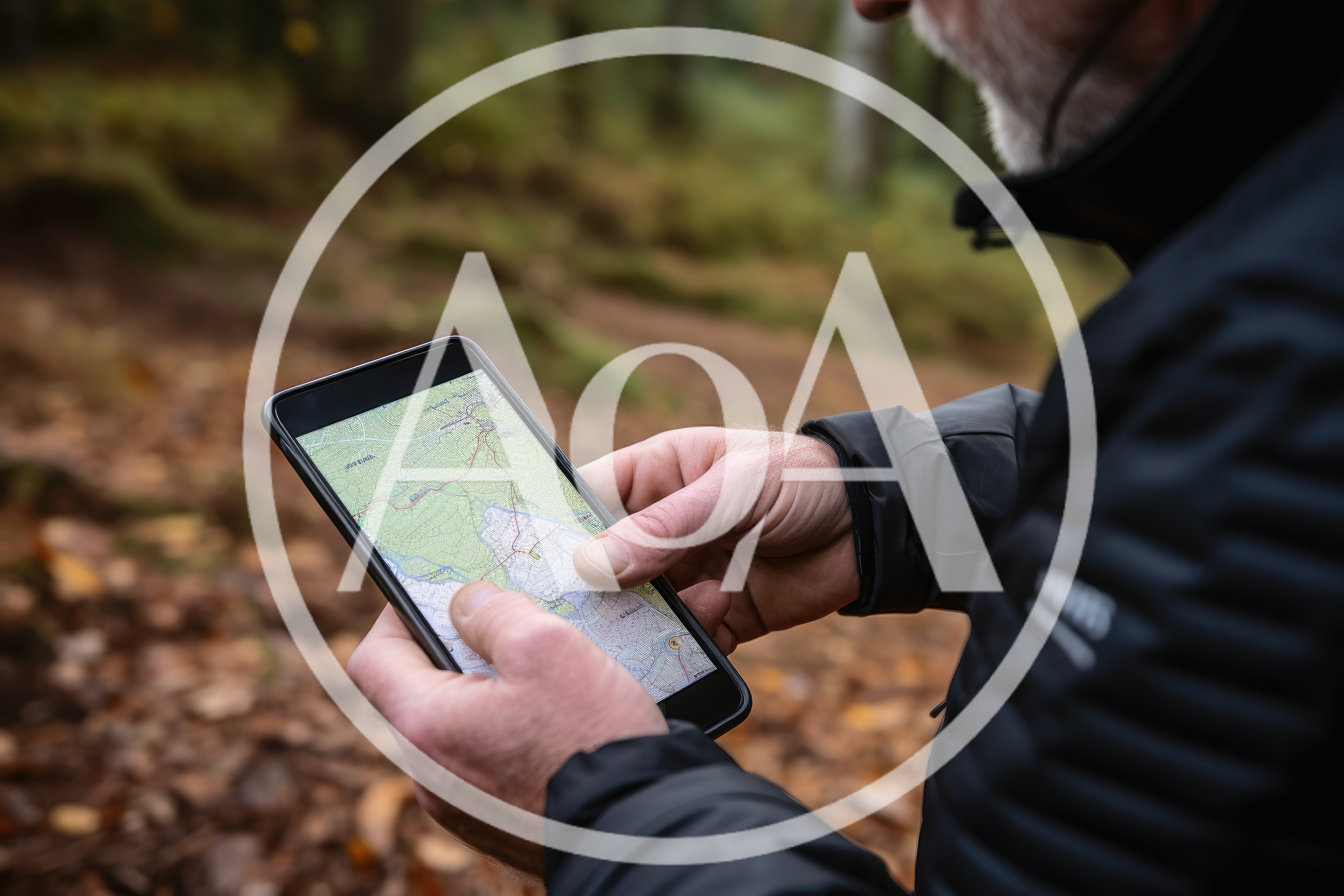 Hiker Using Digital Map On Smartphone In Forest