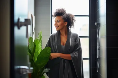 Smiling Woman In Bathrobe Standing By Bathroom Window