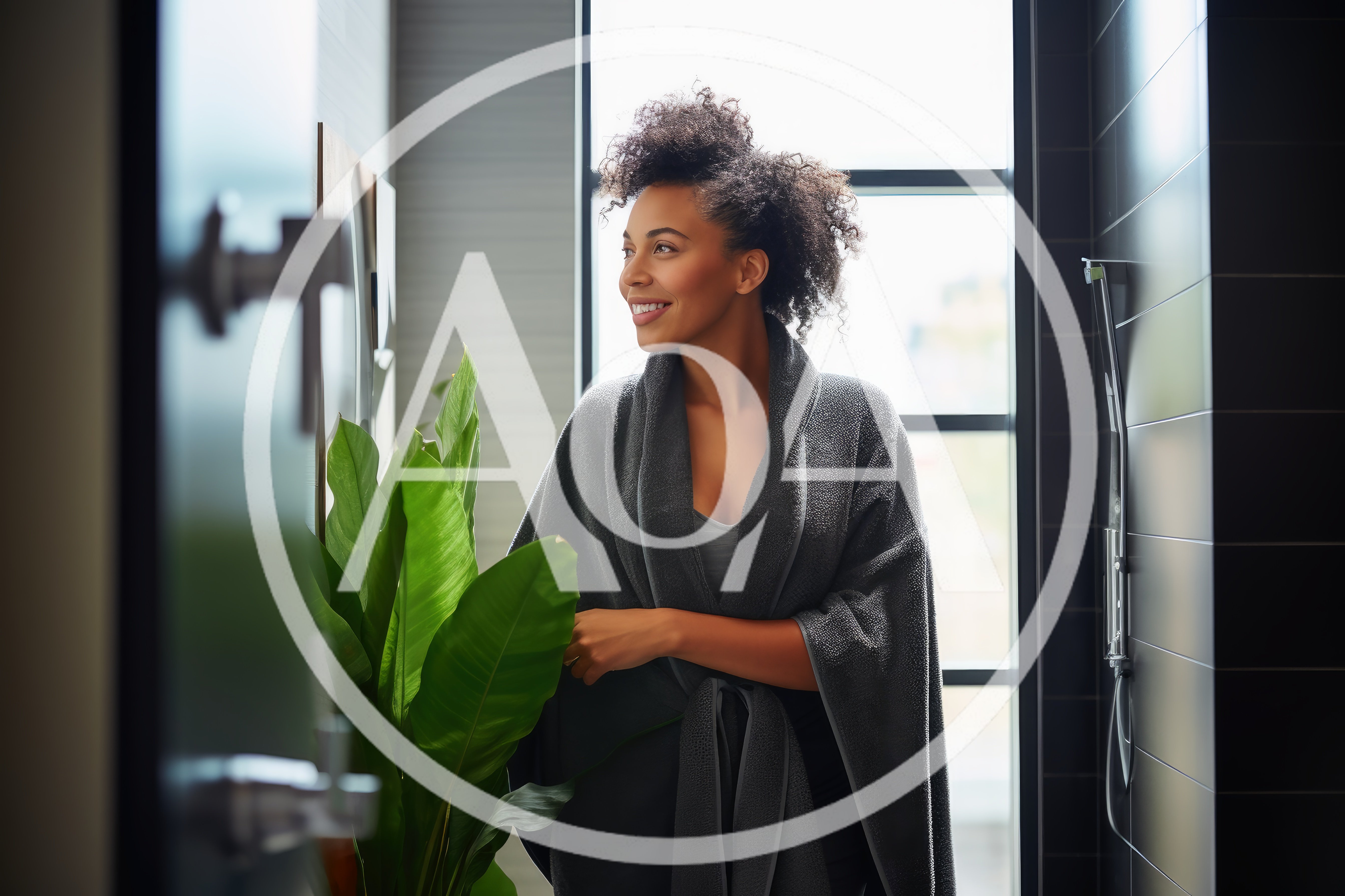 Smiling Woman In Bathrobe Standing By Bathroom Window