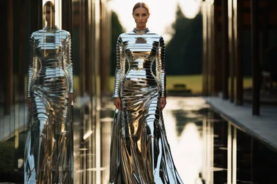 Fashion Model Wearing Metallic Futuristic Gown