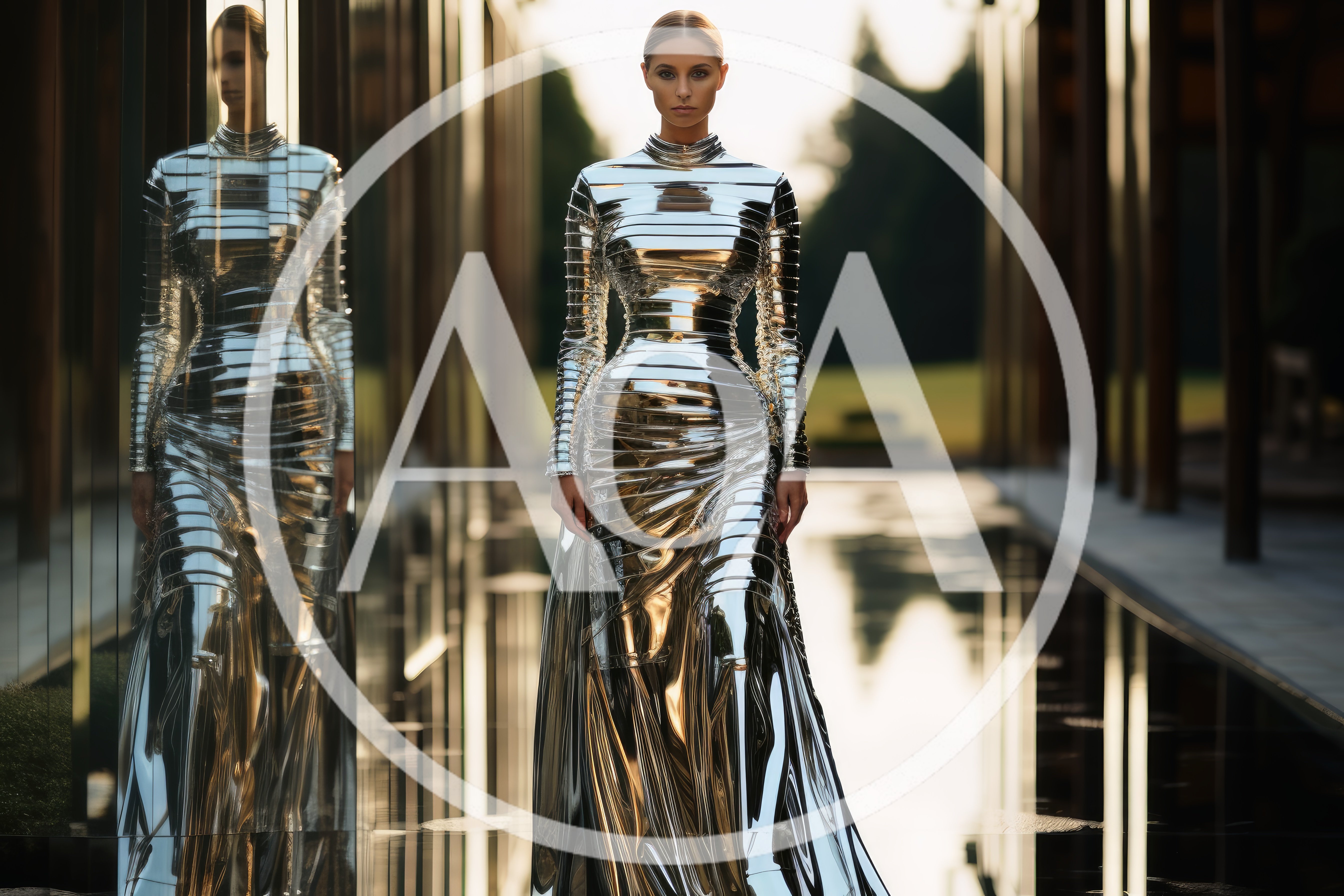 Fashion Model Wearing Metallic Futuristic Gown