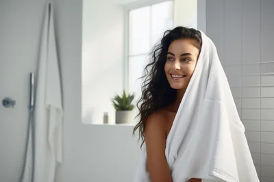Smiling Woman With Wet Hair Wrapped In White Towel