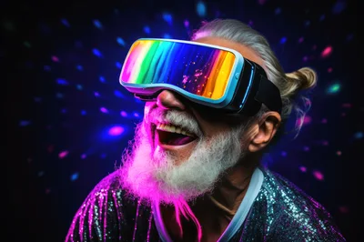 Elderly Man Wearing VR Headset at Disco Party