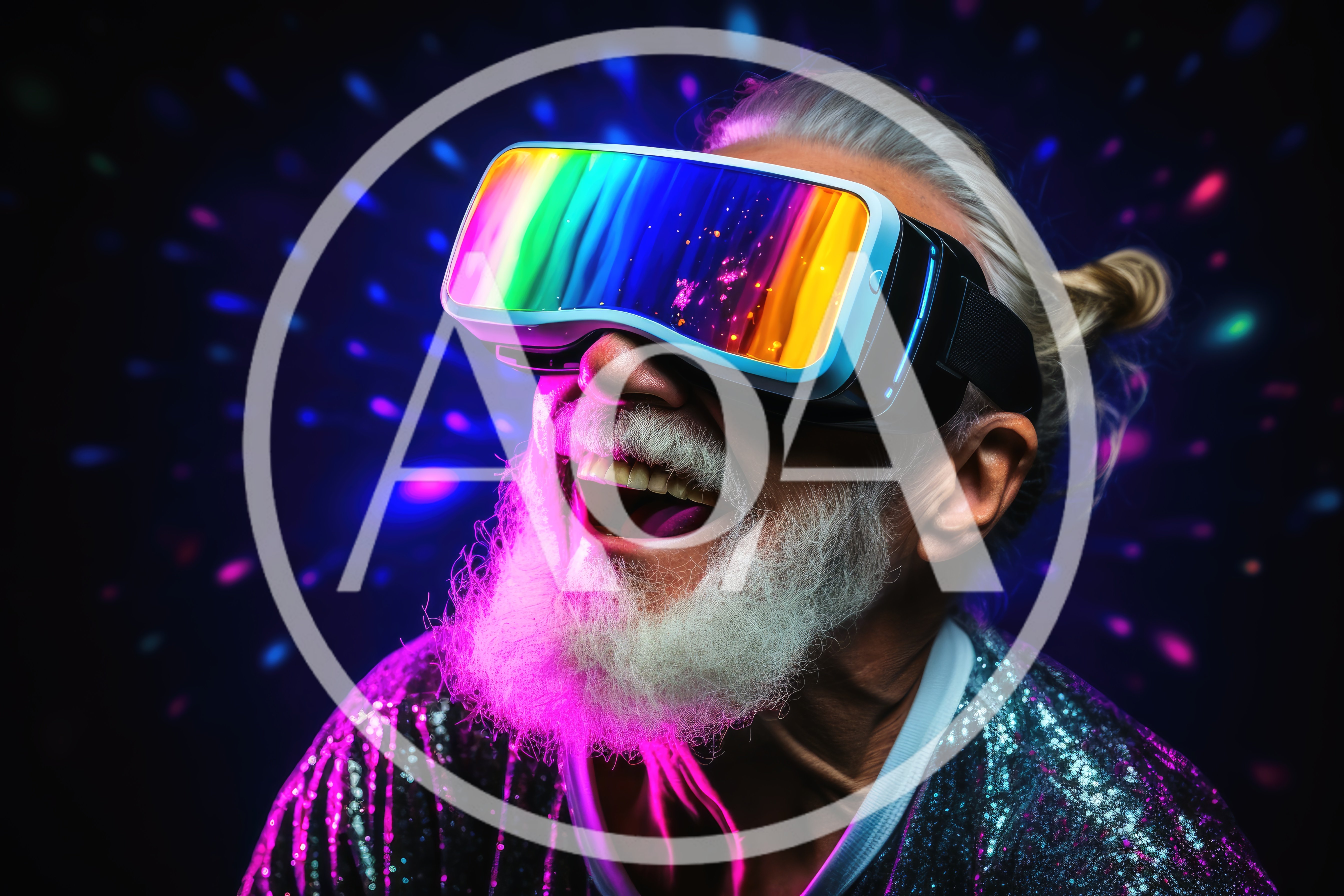 Elderly Man Wearing VR Headset at Disco Party