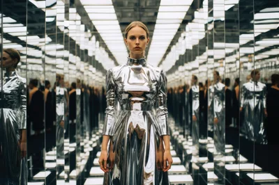 Fashion Model Wearing Metallic Silver Dress in Mirror Hall