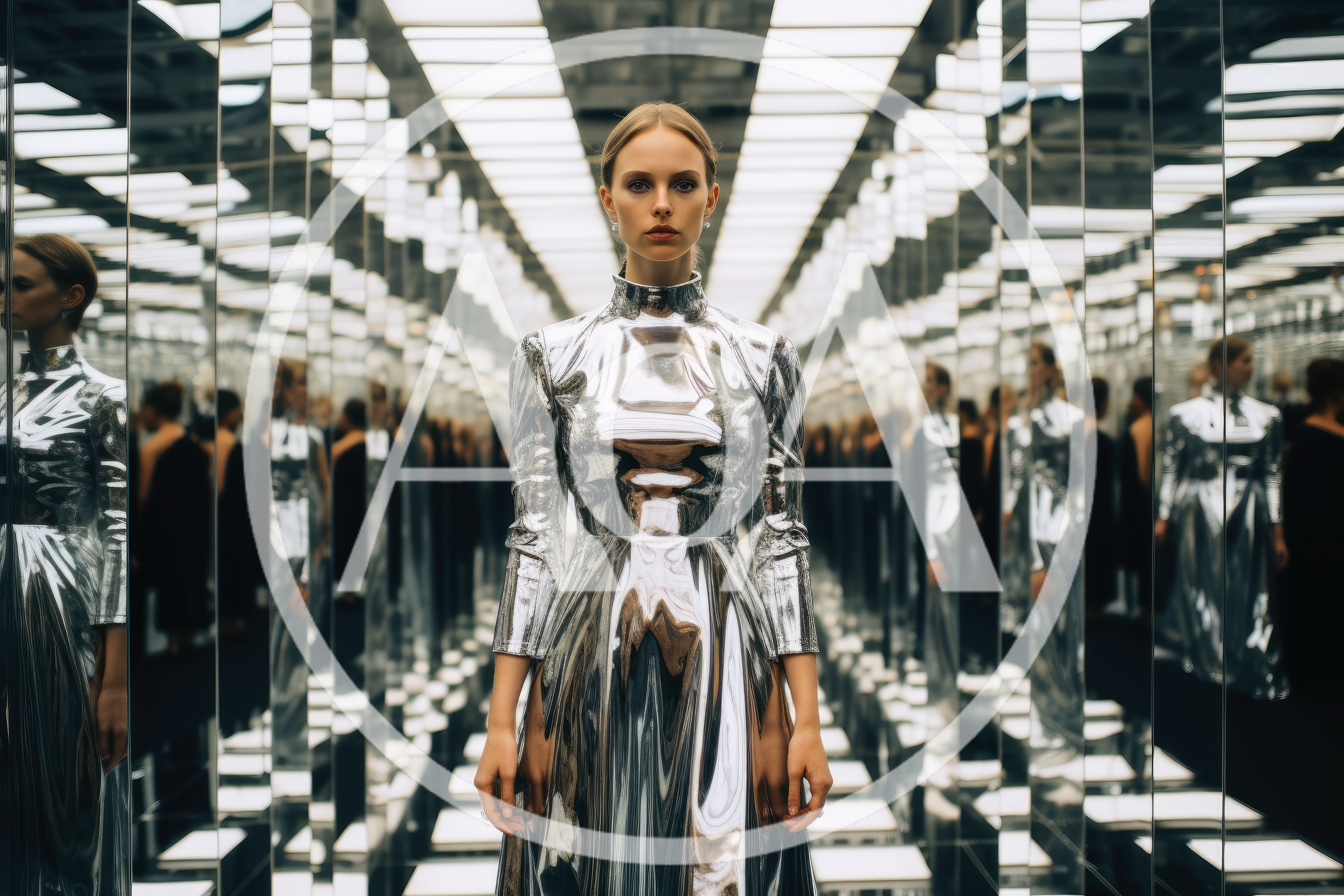 Fashion Model Wearing Metallic Silver Dress in Mirror Hall