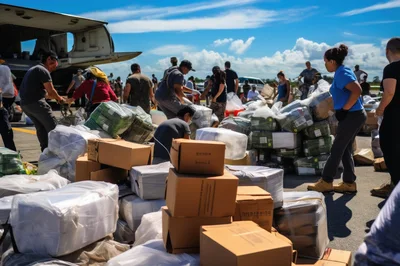 Humanitarian Aid Workers Unloading Supplies From Cargo Plane