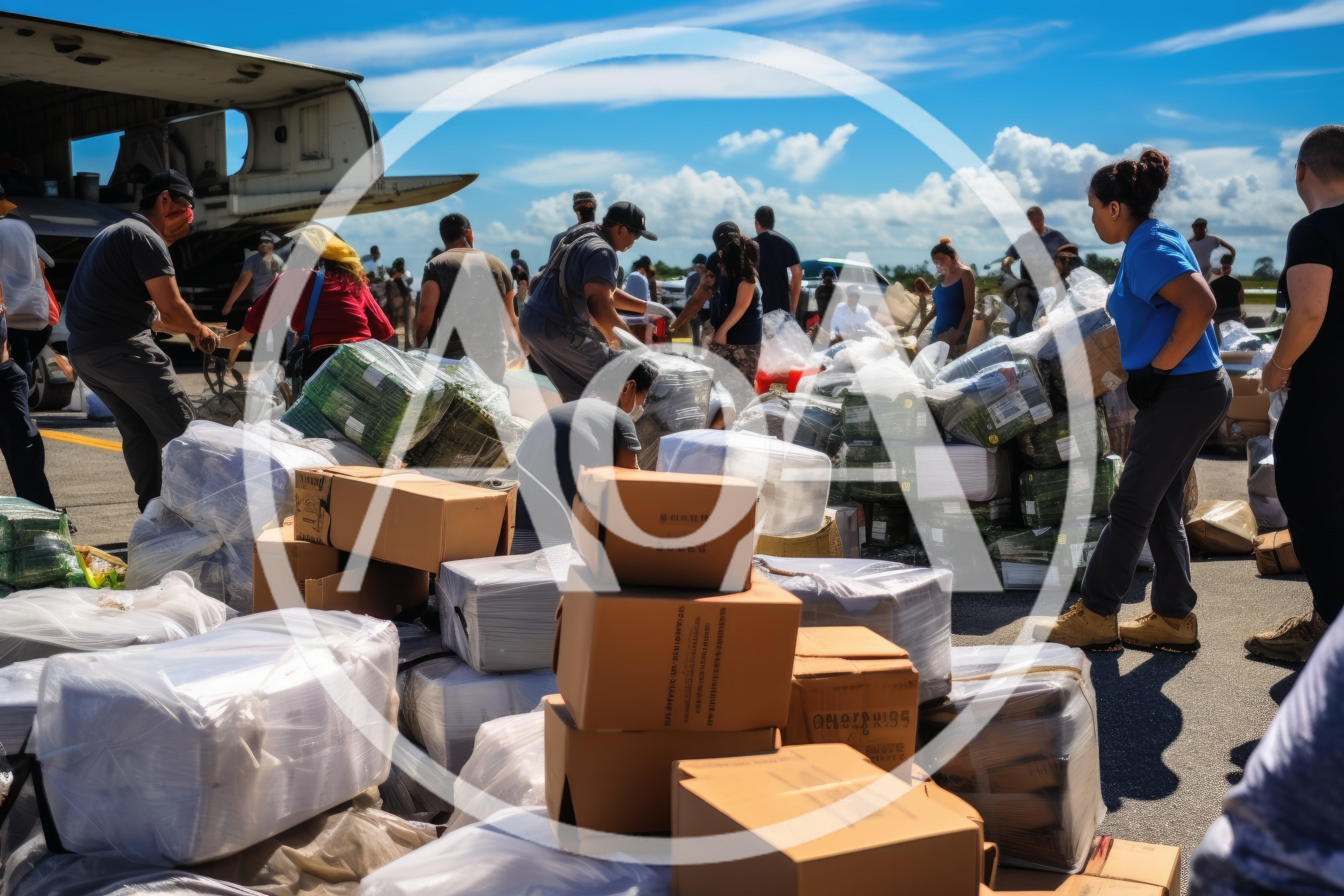Humanitarian Aid Workers Unloading Supplies From Cargo Plane