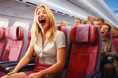 Woman Laughing Hysterically On A Commercial Airplane