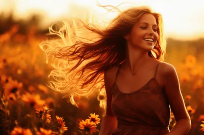 Young Woman With Flowing Hair In Sunflower Field