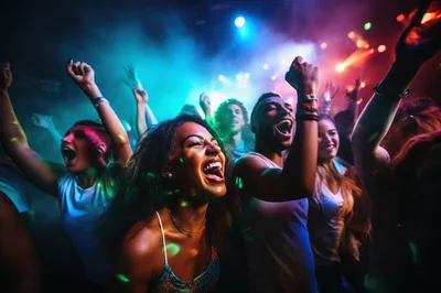 Diverse Group Of Friends Dancing At A Nightclub