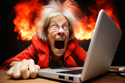 Furious Elderly Woman Screaming at Laptop Computer
