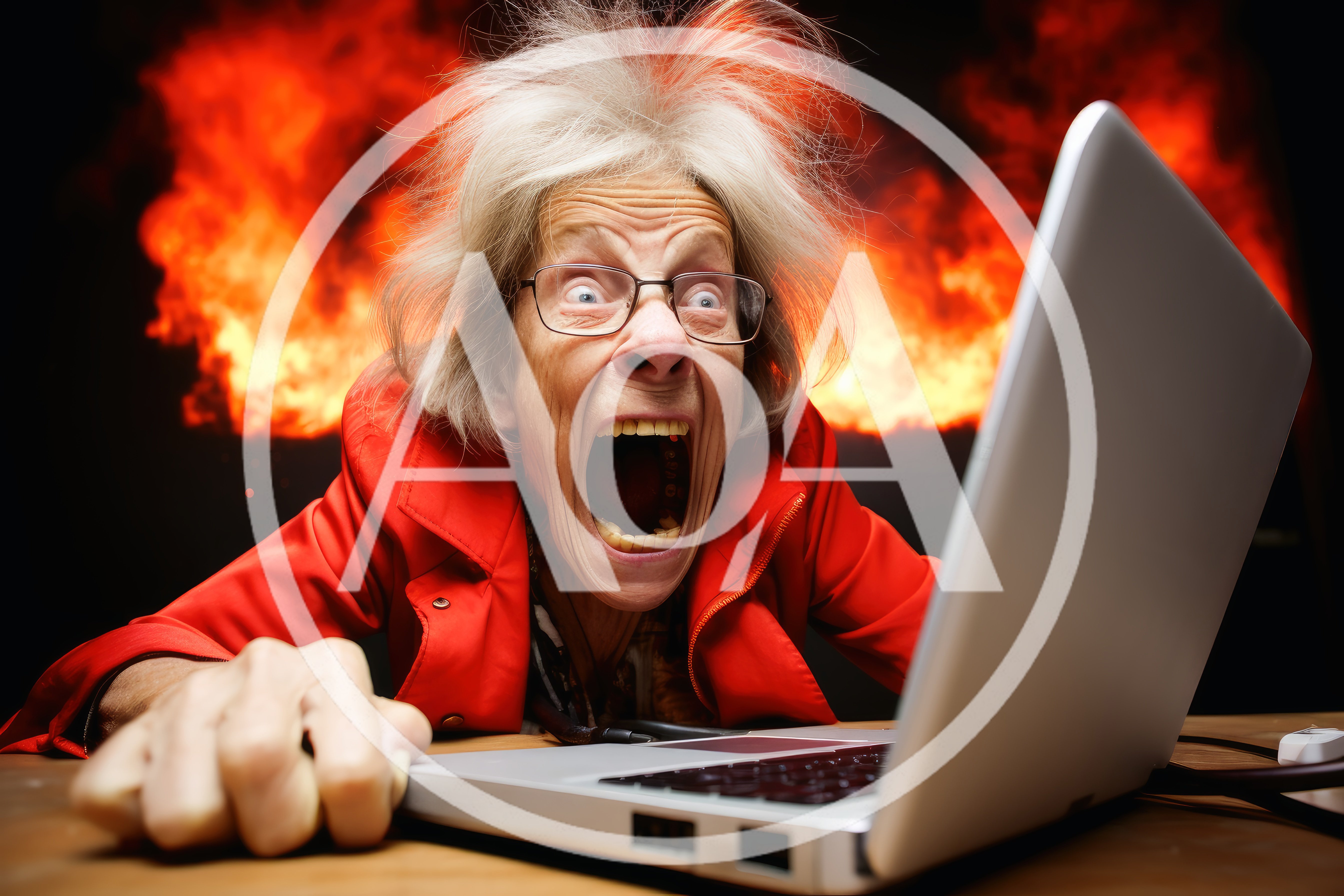 Furious Elderly Woman Screaming at Laptop Computer