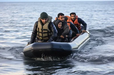 Refugees Traveling Across The Sea In An Inflatable Boat