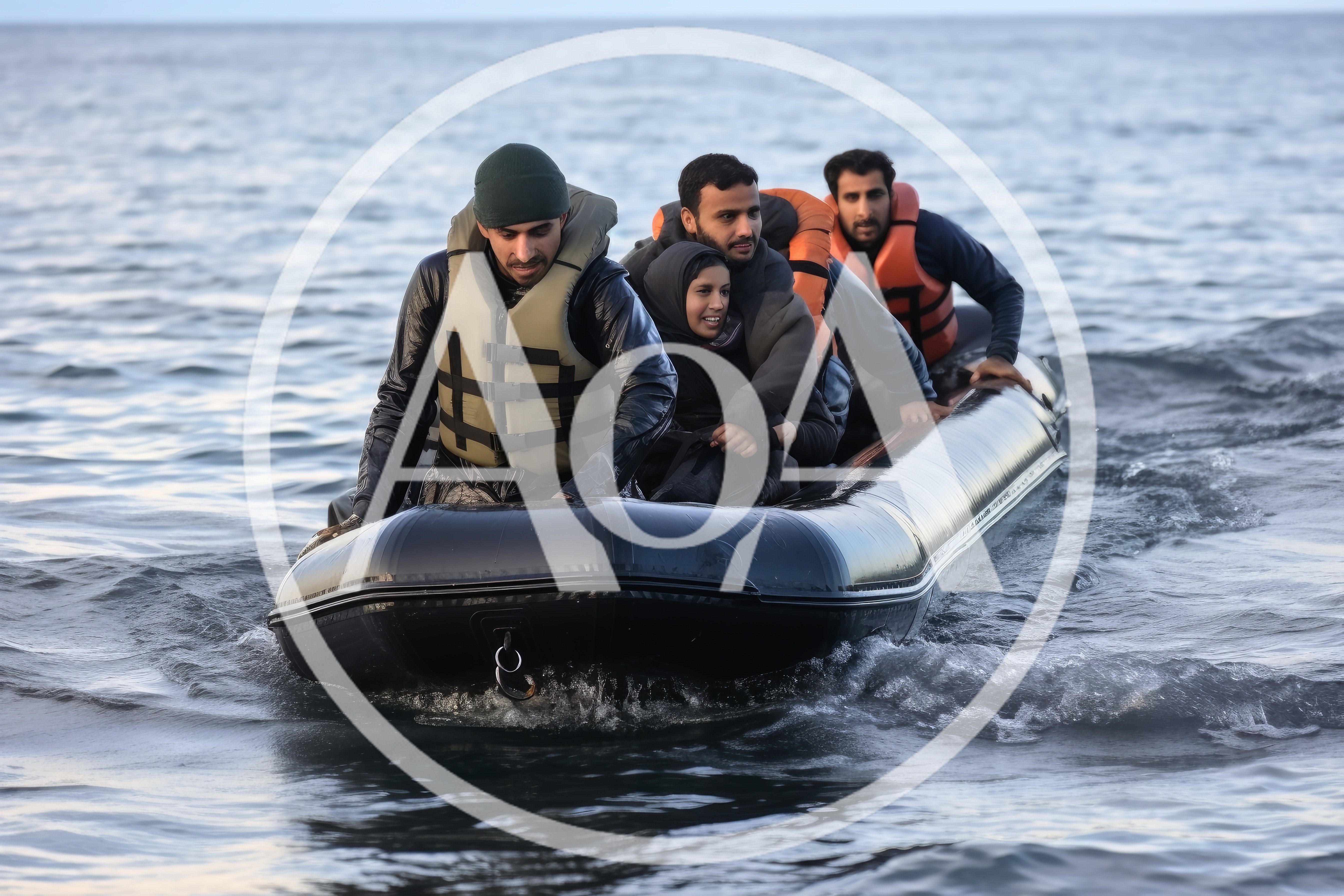 Refugees Traveling Across The Sea In An Inflatable Boat