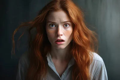 Portrait Of A Shocked Young Woman With Red Hair