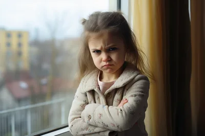 Angry Little Girl Standing By A Window