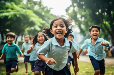 Group of Happy School Children Running Outdoors