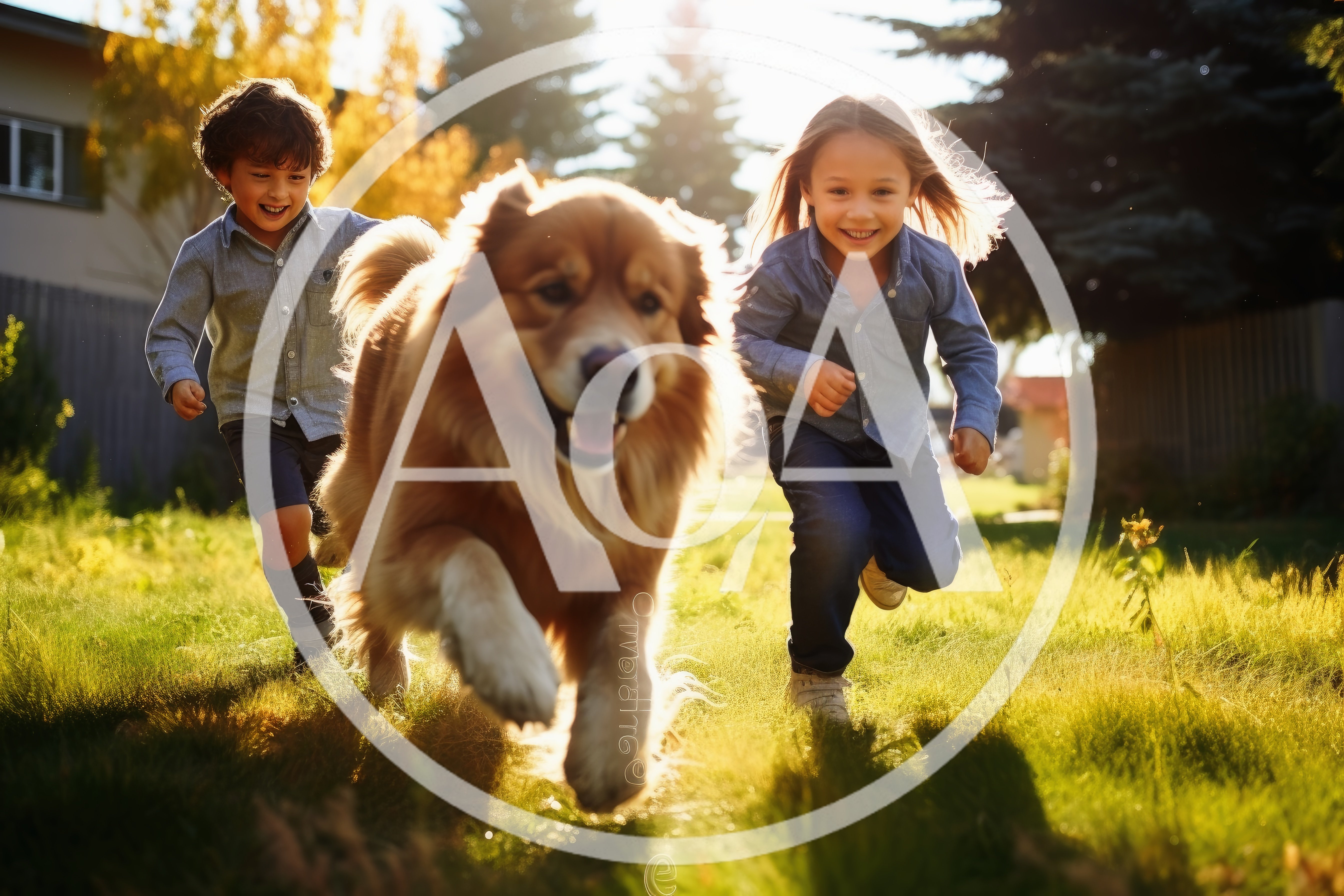 Two Children Running With Their Dog In A Park