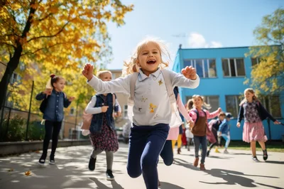 Happy Schoolchildren Running Outdoors on Sunny Day