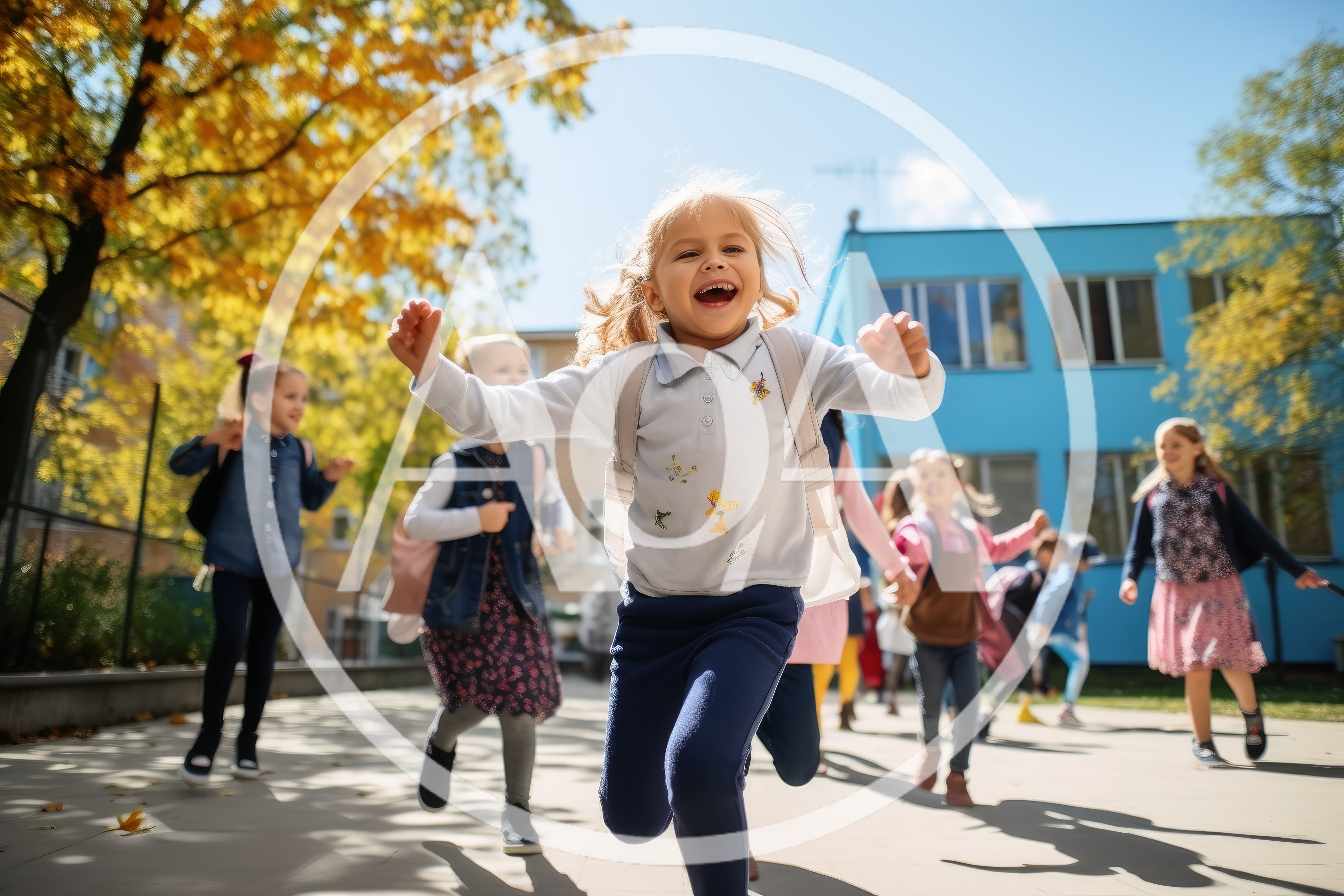 Happy Schoolchildren Running Outdoors on Sunny Day