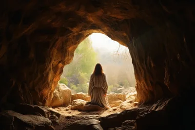 Person In Robes Kneeling At Cave Entrance
