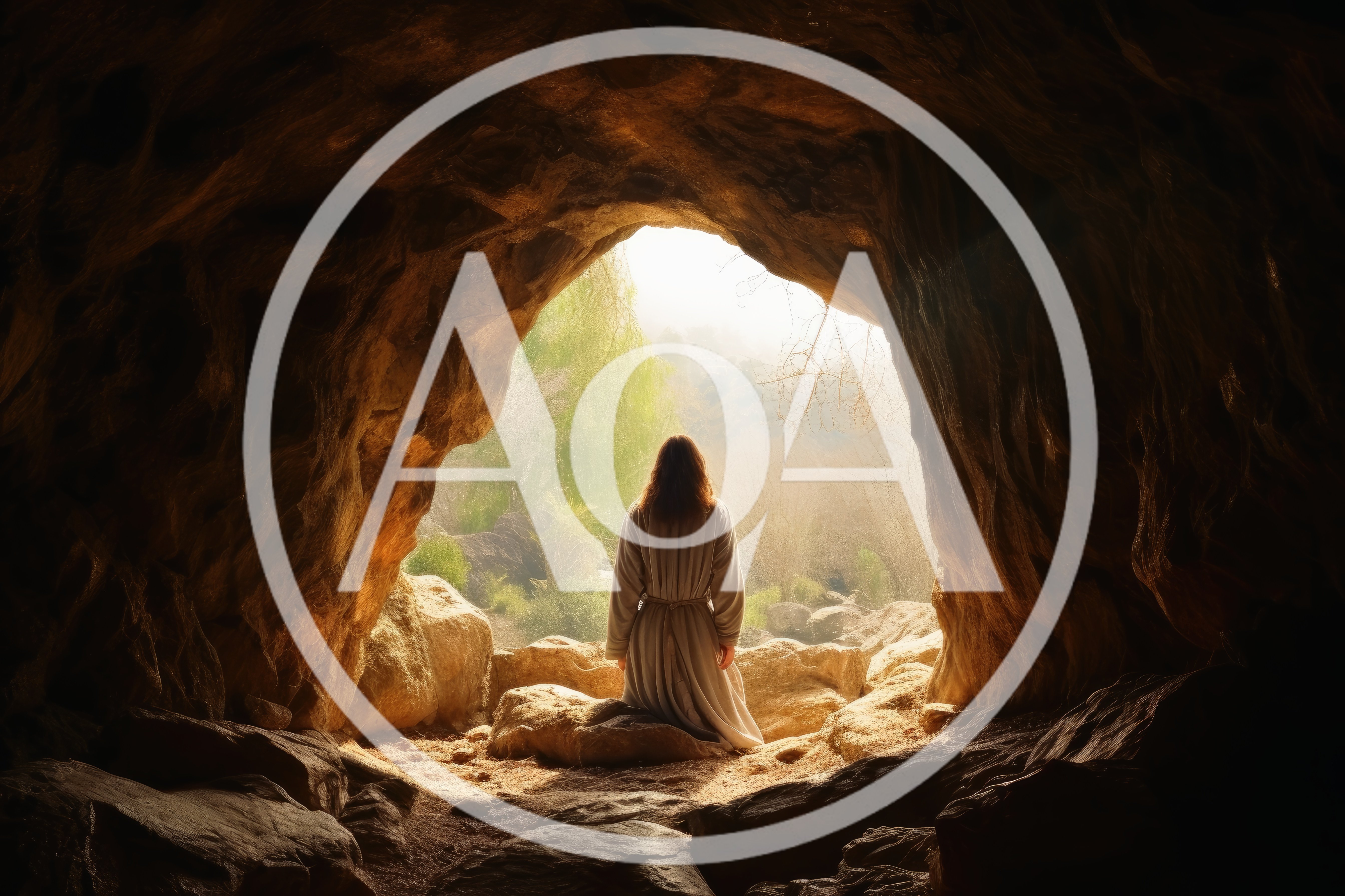 Person In Robes Kneeling At Cave Entrance
