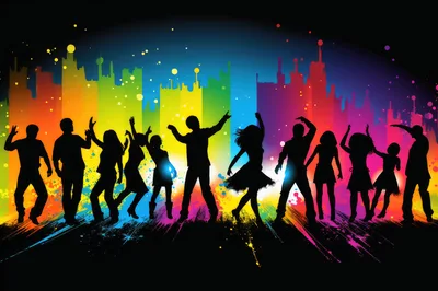 Silhouettes Of People Dancing Against A Colorful Rainbow Background