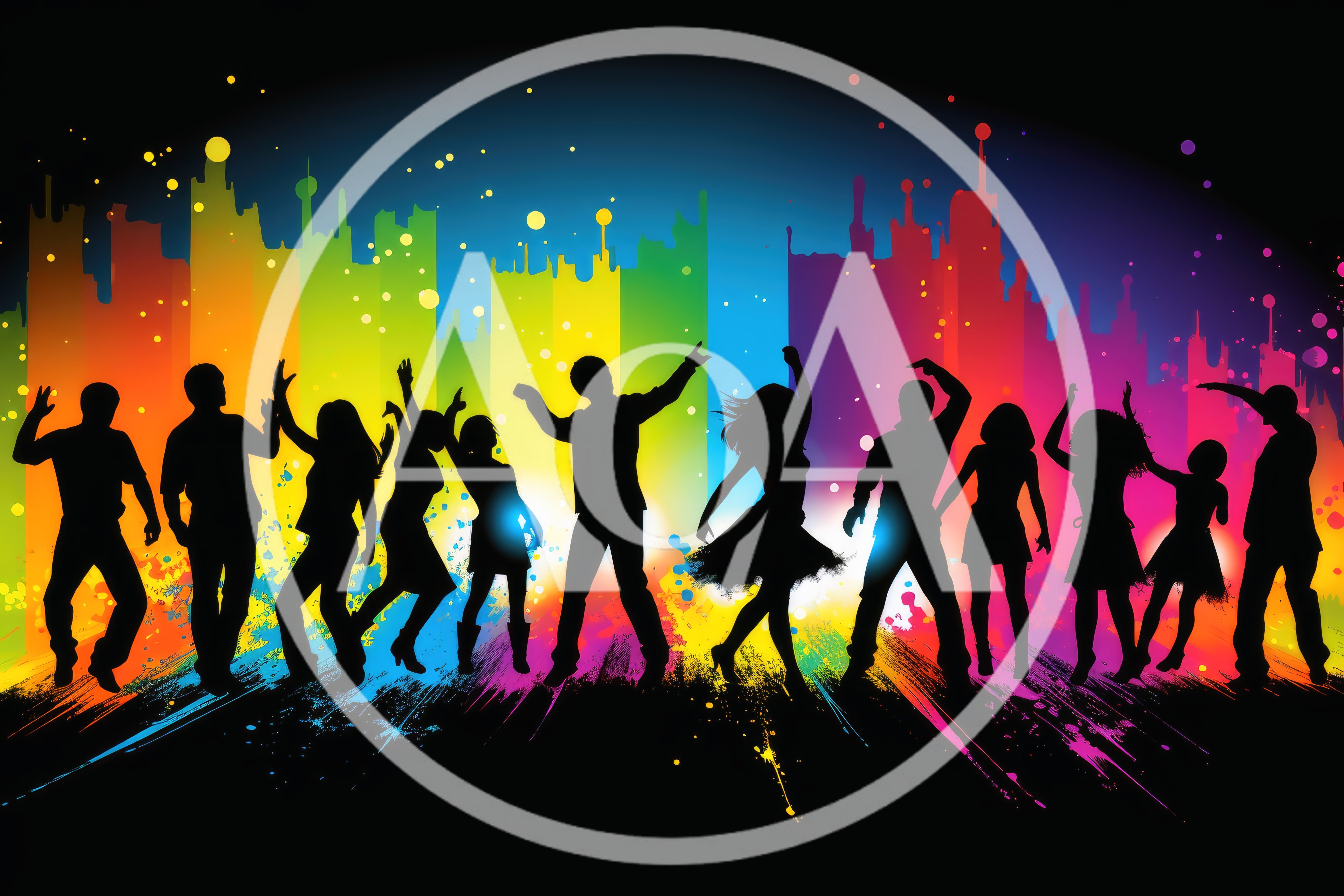 Silhouettes Of People Dancing Against A Colorful Rainbow Background