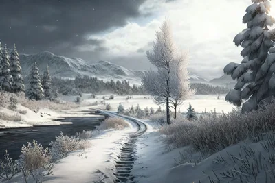 Snowy Winter Landscape With Frozen River And Forest