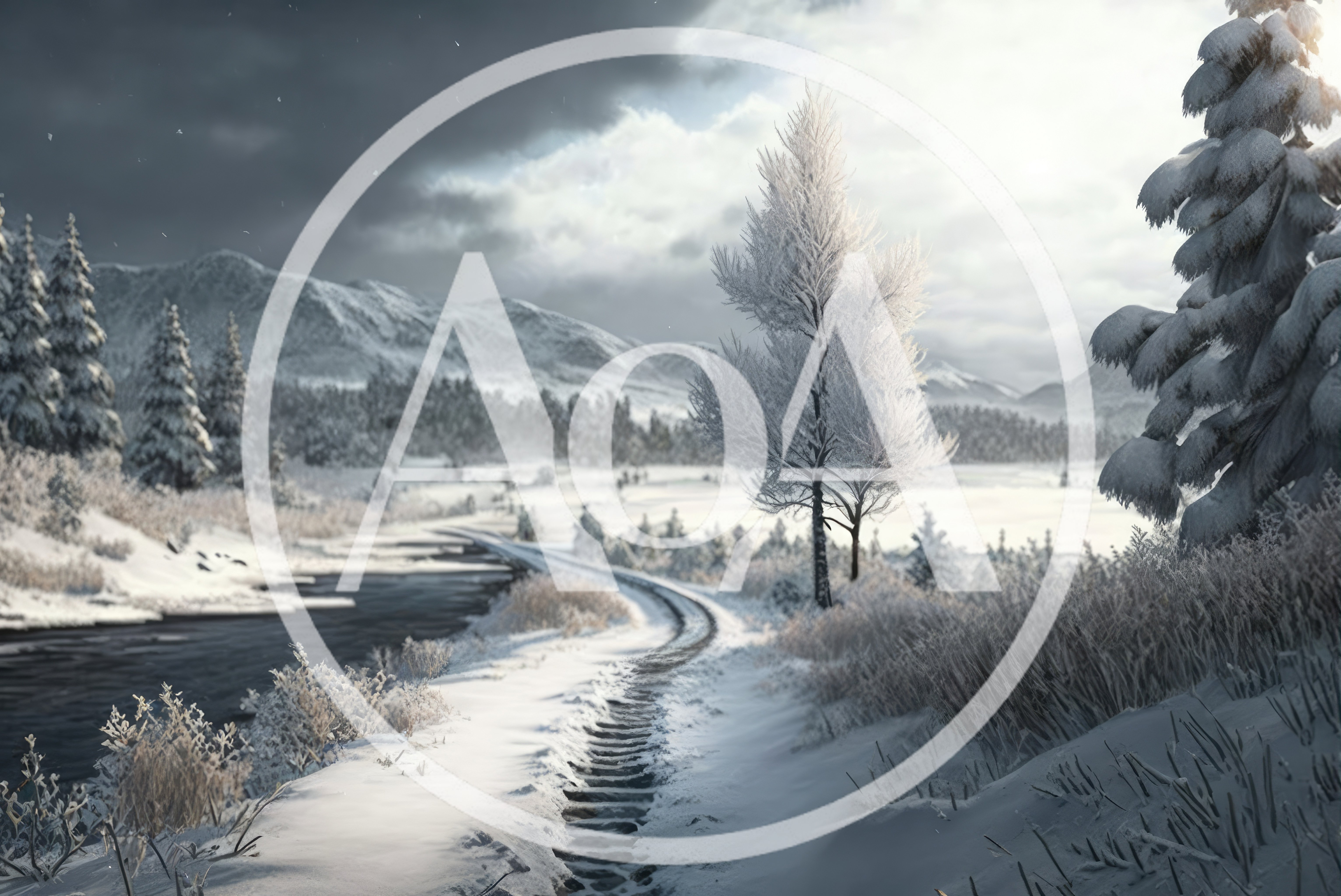 Snowy Winter Landscape With Frozen River And Forest