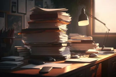 Messy Office Desk With Large Stacks Of Paperwork