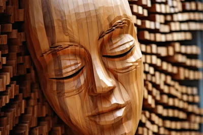 Wooden Sculpted Face Against Geometric Block Background