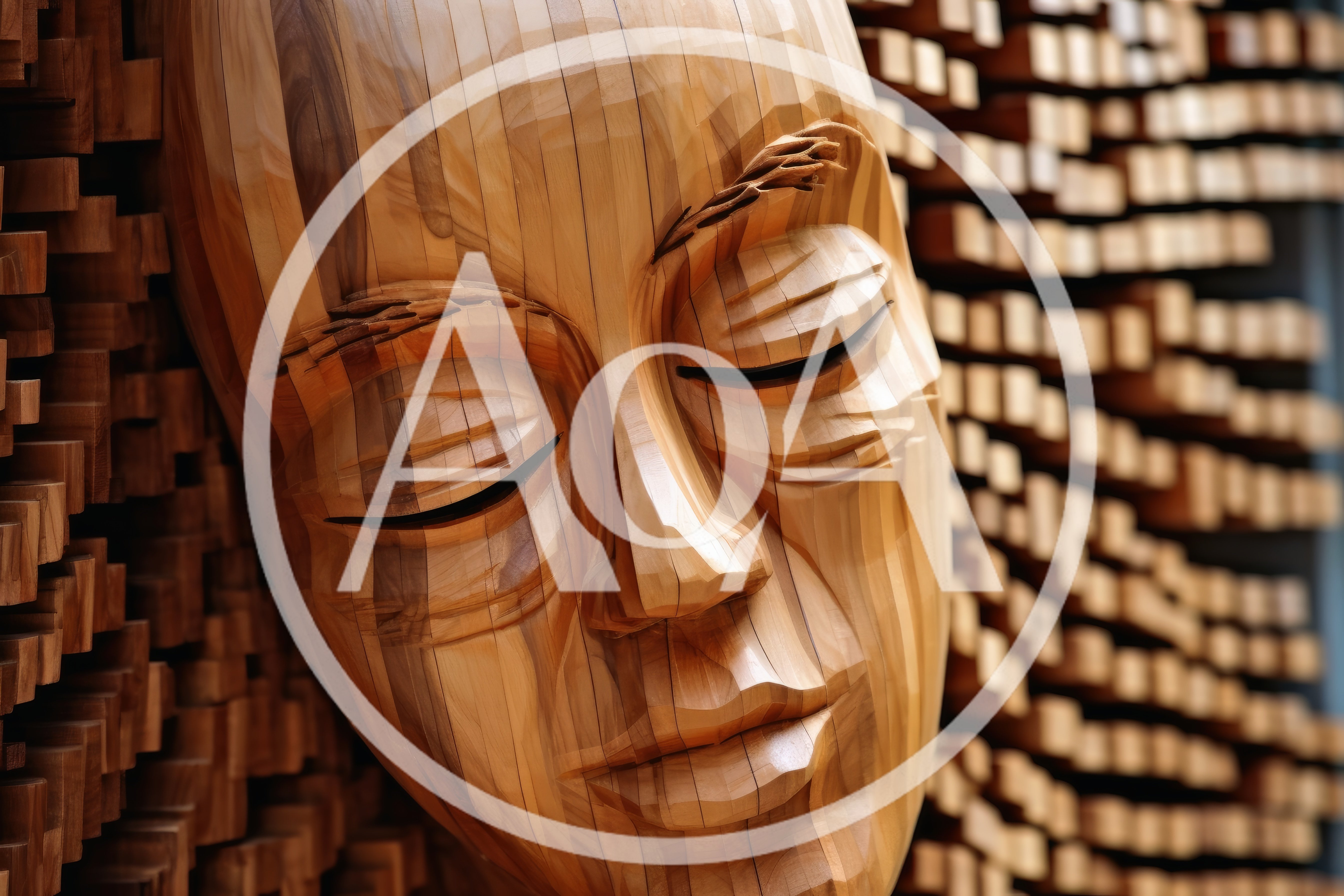 Wooden Sculpted Face Against Geometric Block Background