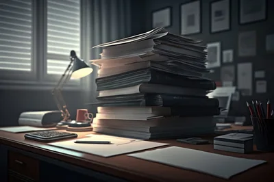Large Stack Of Documents On A Desk
