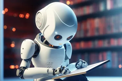 White Robot Reading A Book In A Library