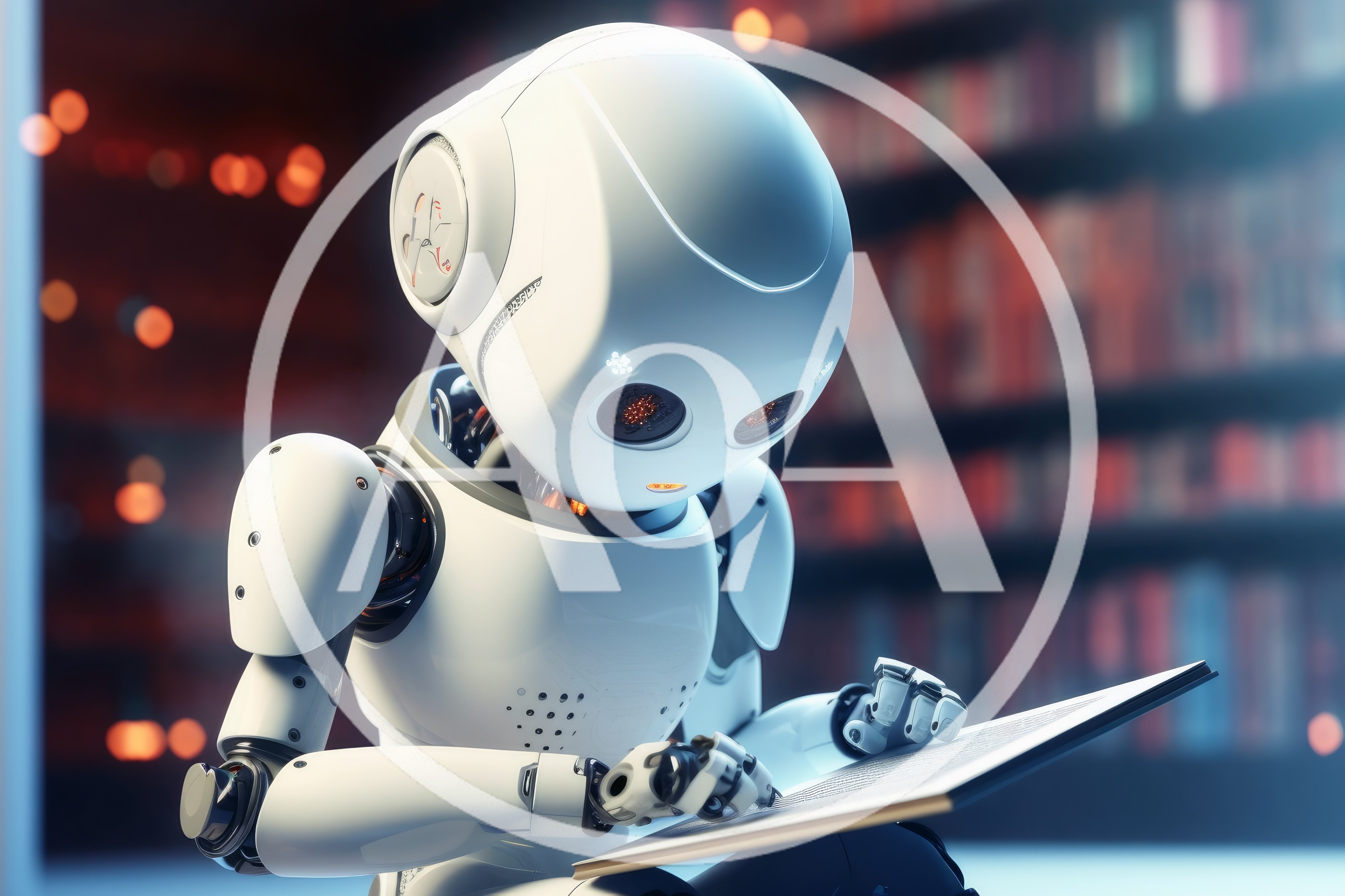 White Robot Reading A Book In A Library