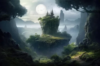 Fantasy Castle Atop Floating Island In Misty Valley