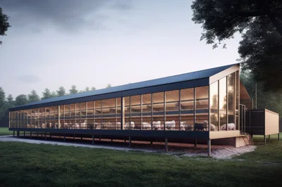 Modern Glass Barn Housing Livestock In Rural Landscape