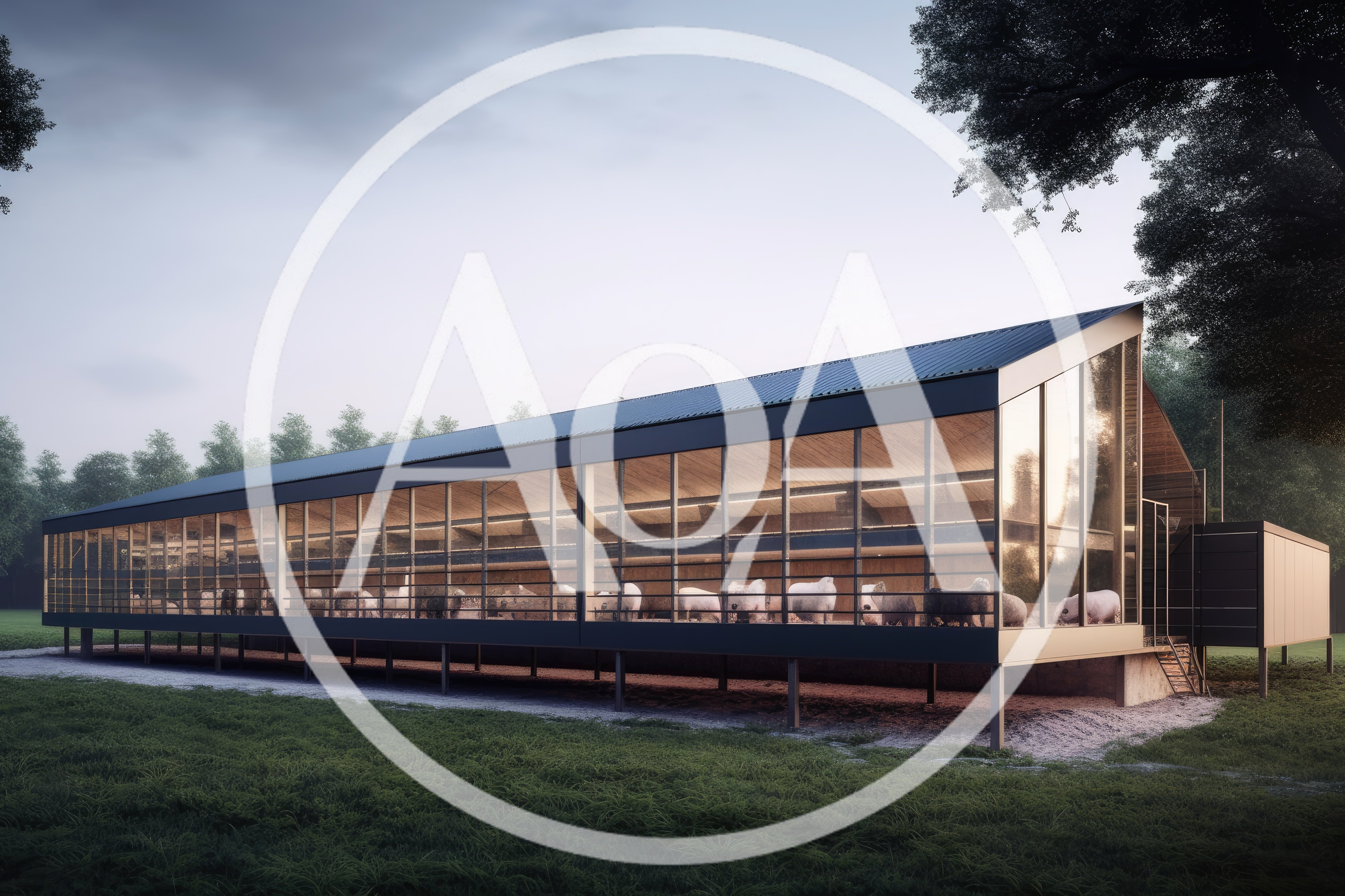 Modern Glass Barn Housing Livestock In Rural Landscape