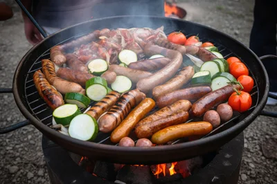 Assorted Sausages And Vegetables Grilling On A Charcoal Barbecue