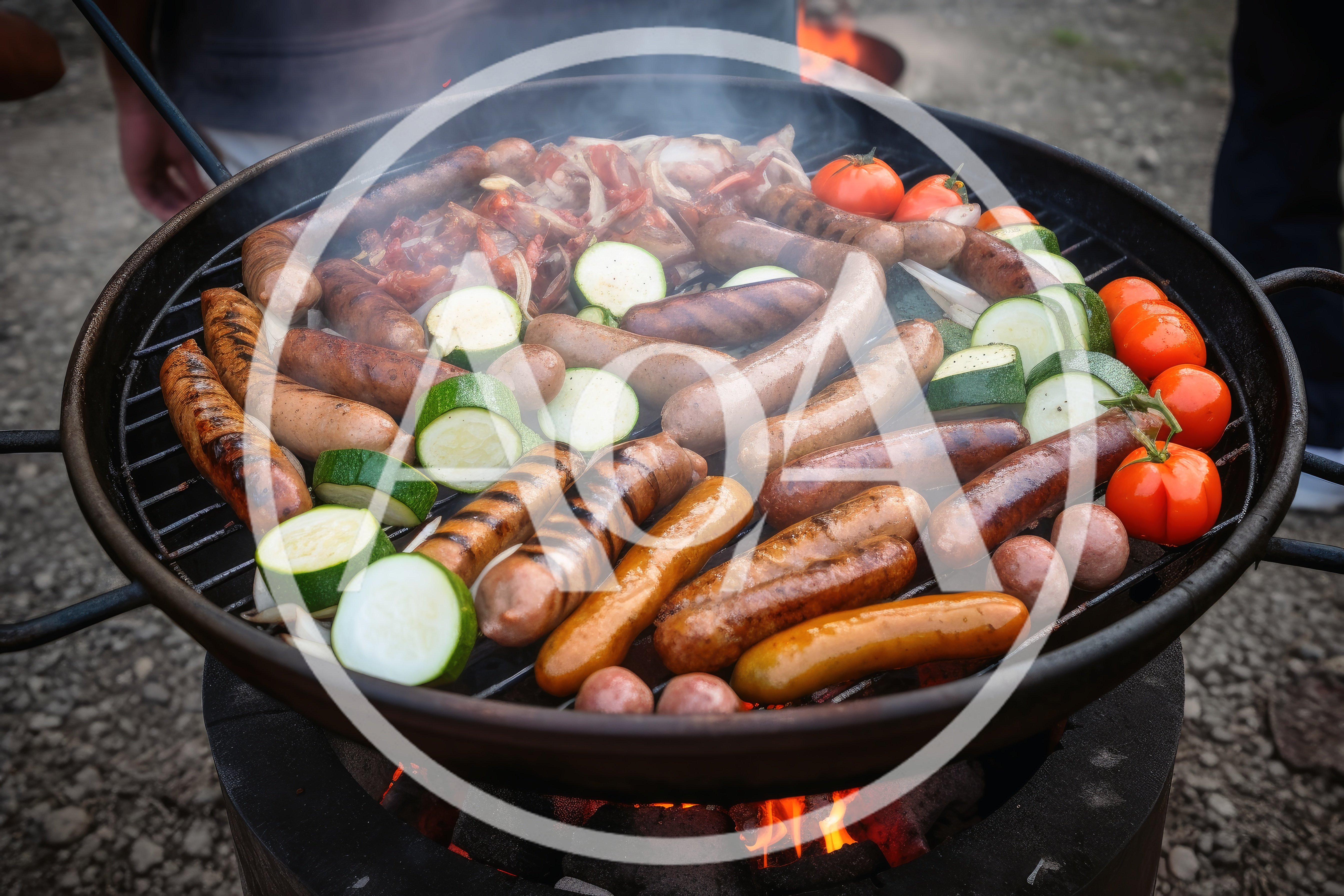 Assorted Sausages And Vegetables Grilling On A Charcoal Barbecue