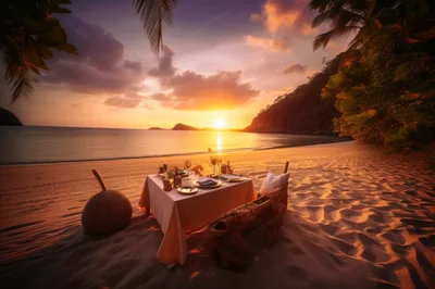 Romantic Beachside Dinner Setup At Sunset