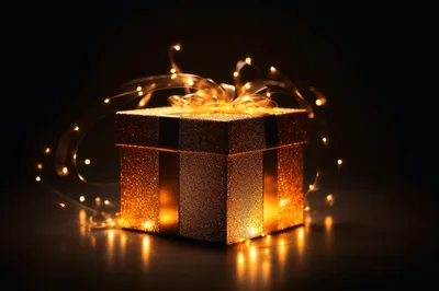 Golden Glittering Gift Box With Fairy Lights