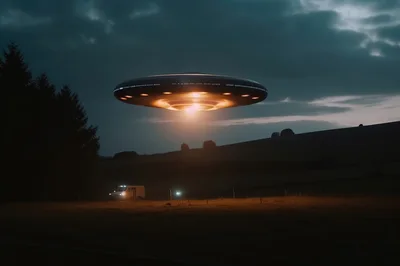 UFO Hovering Above A Rural Field At Night