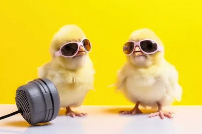 Two Cute Yellow Chicks Wearing Sunglasses With Microphone